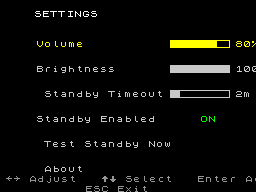 Settings: volume, brightness, standby
